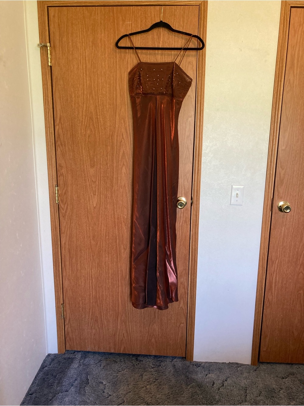 Morgan & Co. Copper Brown Satin Maxi Dress with Beaded Bodice